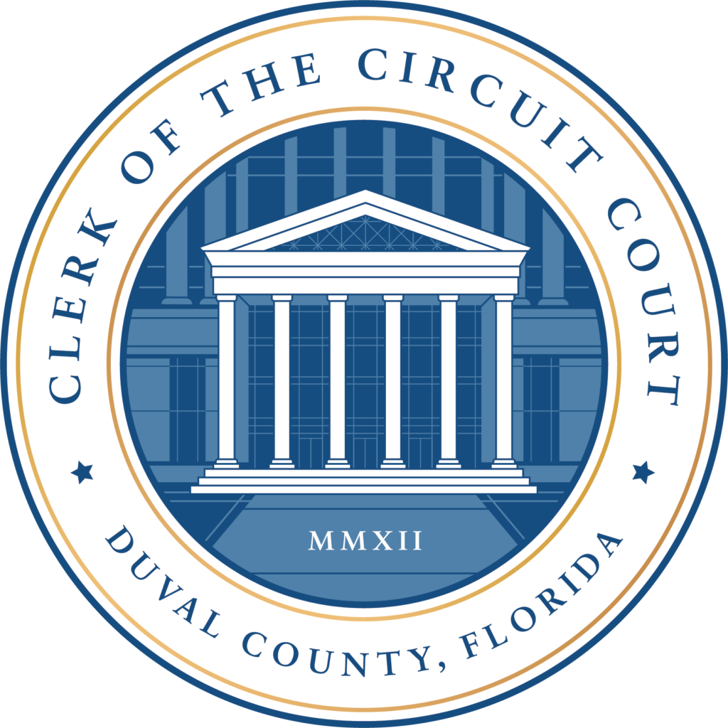 A circle with the facade of a courthouse in the center and the words "Clerk of the Circuit Court" and "Duval County, Florida" around it.