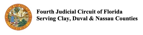 A circle depicting a river, a person standing by the river, and a palm tree in the background with the words "Fourth Judicial Circuity of Florida Serving Clay, Duval & Nassau Counties"